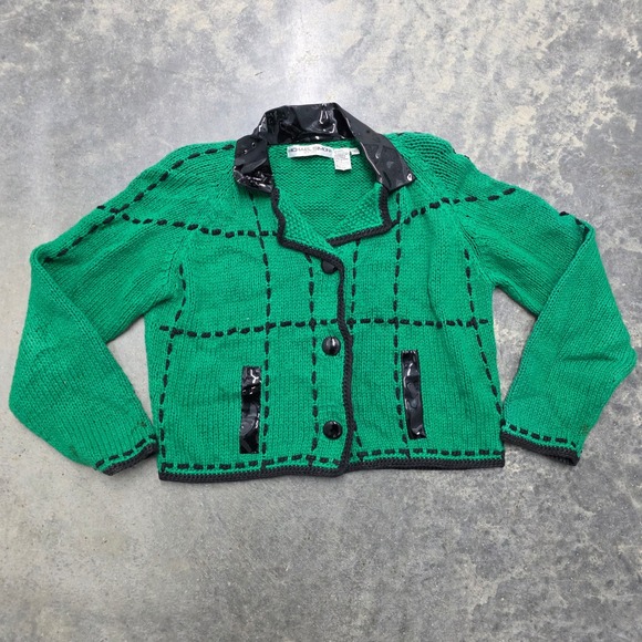 Vtg 1994 MICHAEL SIMON Green Black Patent Leather Trim Knit Jacket‎ Womens L - Picture 2 of 6